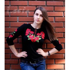 Embroidered t-shirt with 3/4 sleeves "Meadow of Poppies" on black